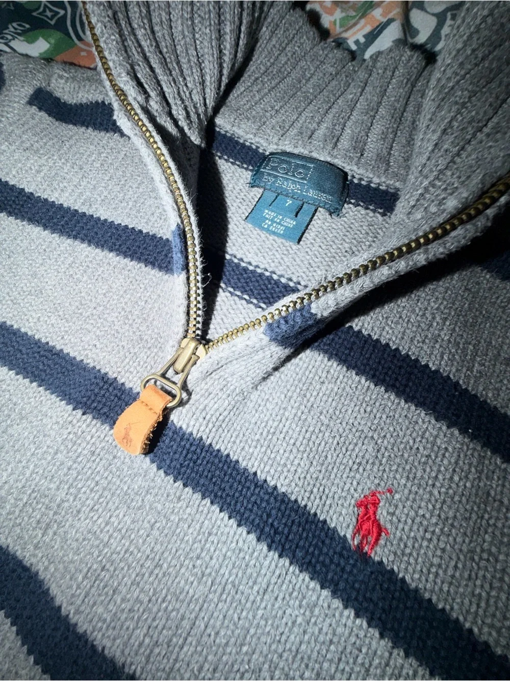 Ralph Lauren Kids Gray and Navy Striped Zip-Neck Sweater with classic Red Logo